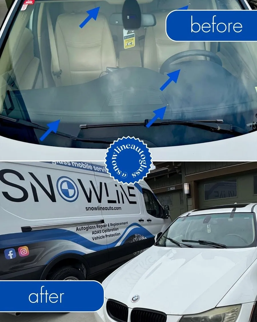Before and after mobile windshield replacement by Snowline Autoglass