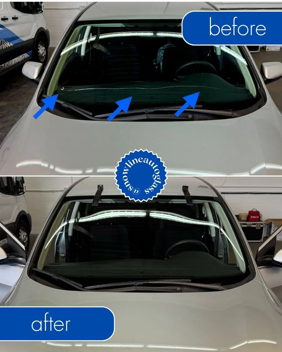 Before and after windshield replacement at Snowline Autoglass Langley